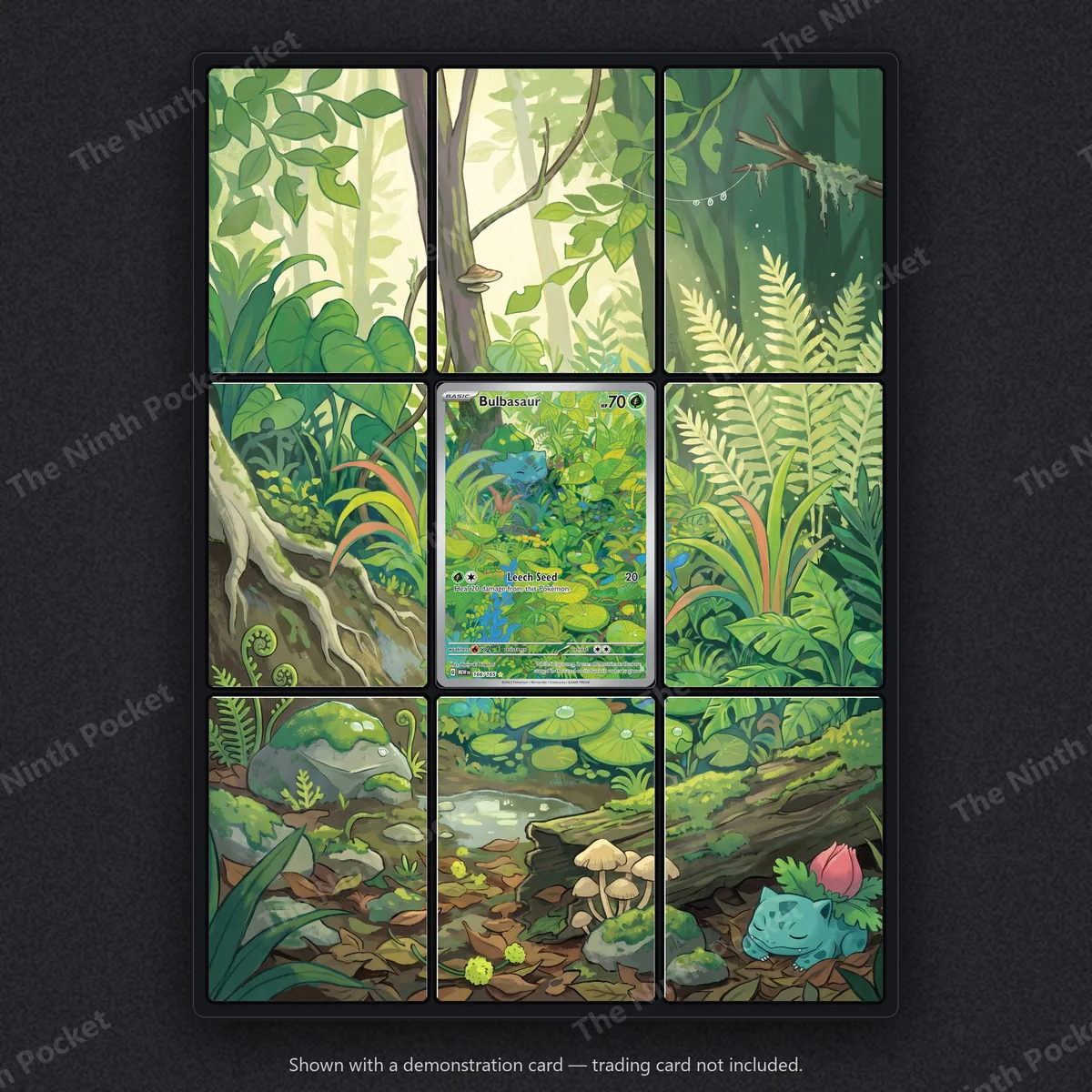 Bulbasaur 166/165 Scarlet & Violet 151 extended art binder page in a 9-pocket binder, shown with a demonstration card