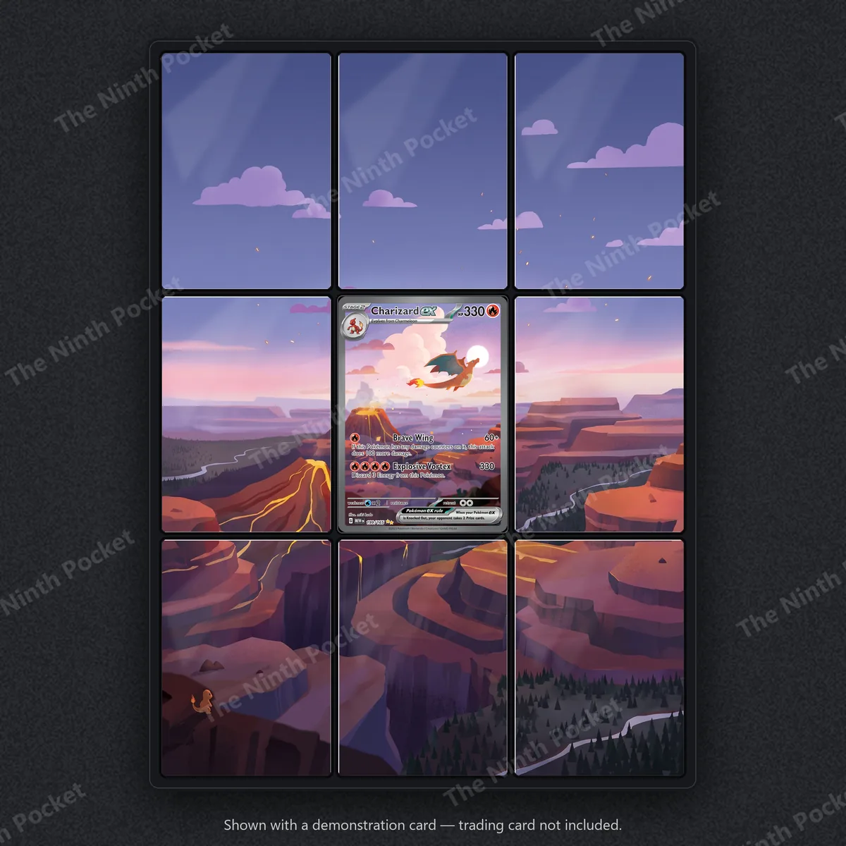 Charizard ex 199/165 Scarlet & Violet 151 extended art binder page in a 9-pocket binder, shown with a demonstration card