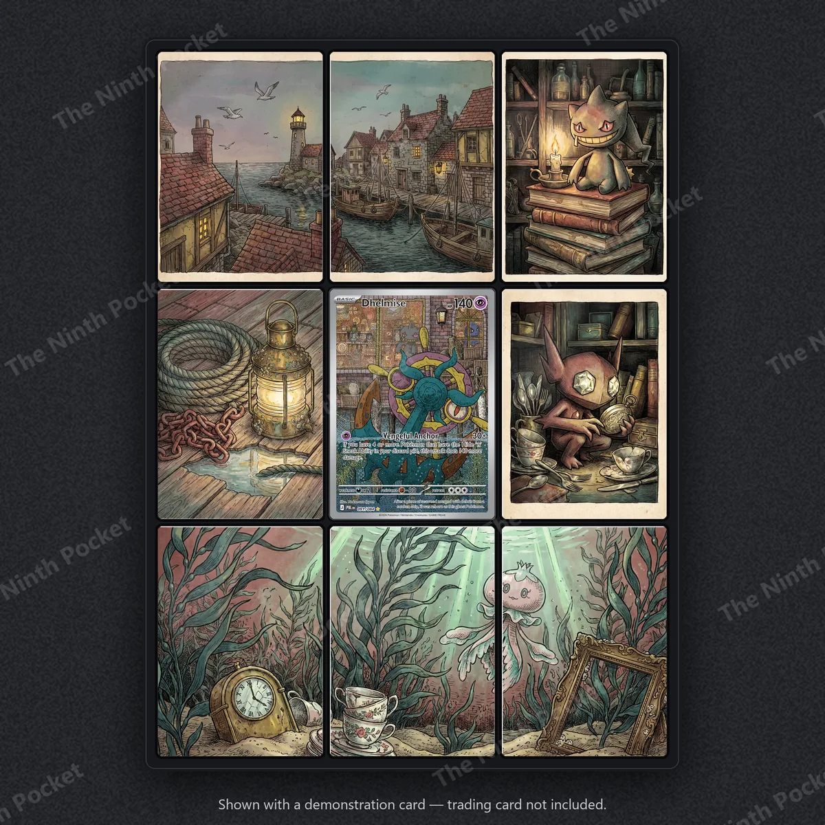 Dhelmise 091/084 Pitch Black extended art binder page in a 9-pocket binder, shown with a demonstration card