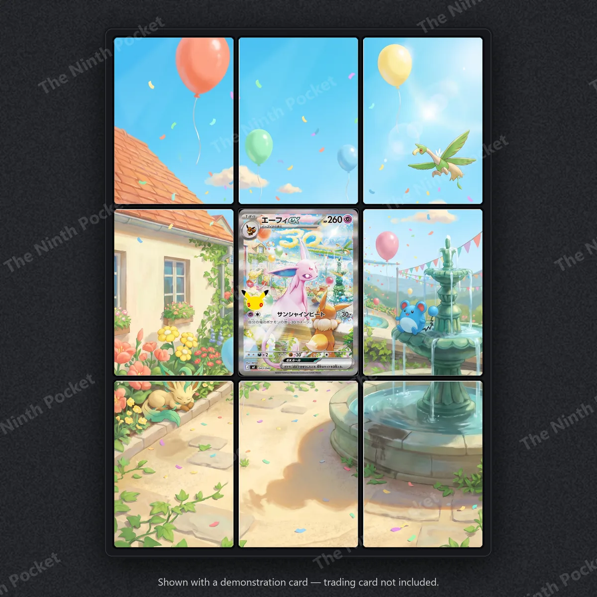 Espeon ex 043/040 30th Celebration extended art binder page in a 9-pocket binder, shown with a demonstration card