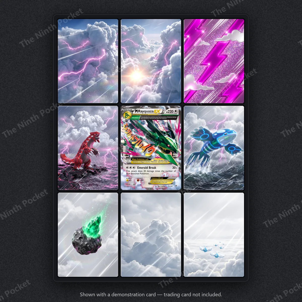 M Rayquaza EX 76/108 Roaring Skies extended art binder page in a 9-pocket binder, shown with a demonstration card
