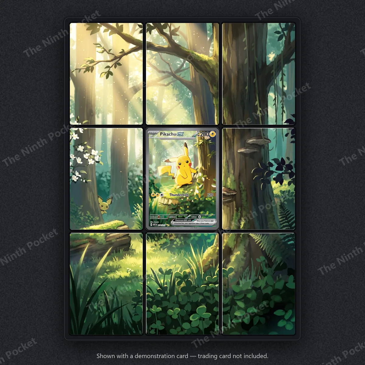 Pikachu ex 276/217 Ascended Heroes extended art binder page in a 9-pocket binder, shown with a demonstration card