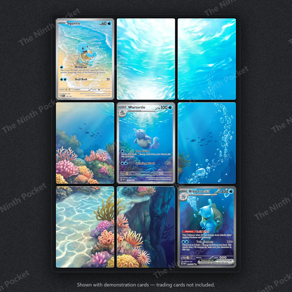 Squirtle, Wartortle & Blastoise ex 170, 171, 200/165 Scarlet & Violet 151 extended art binder page in a 9-pocket binder, shown with a demonstration card
