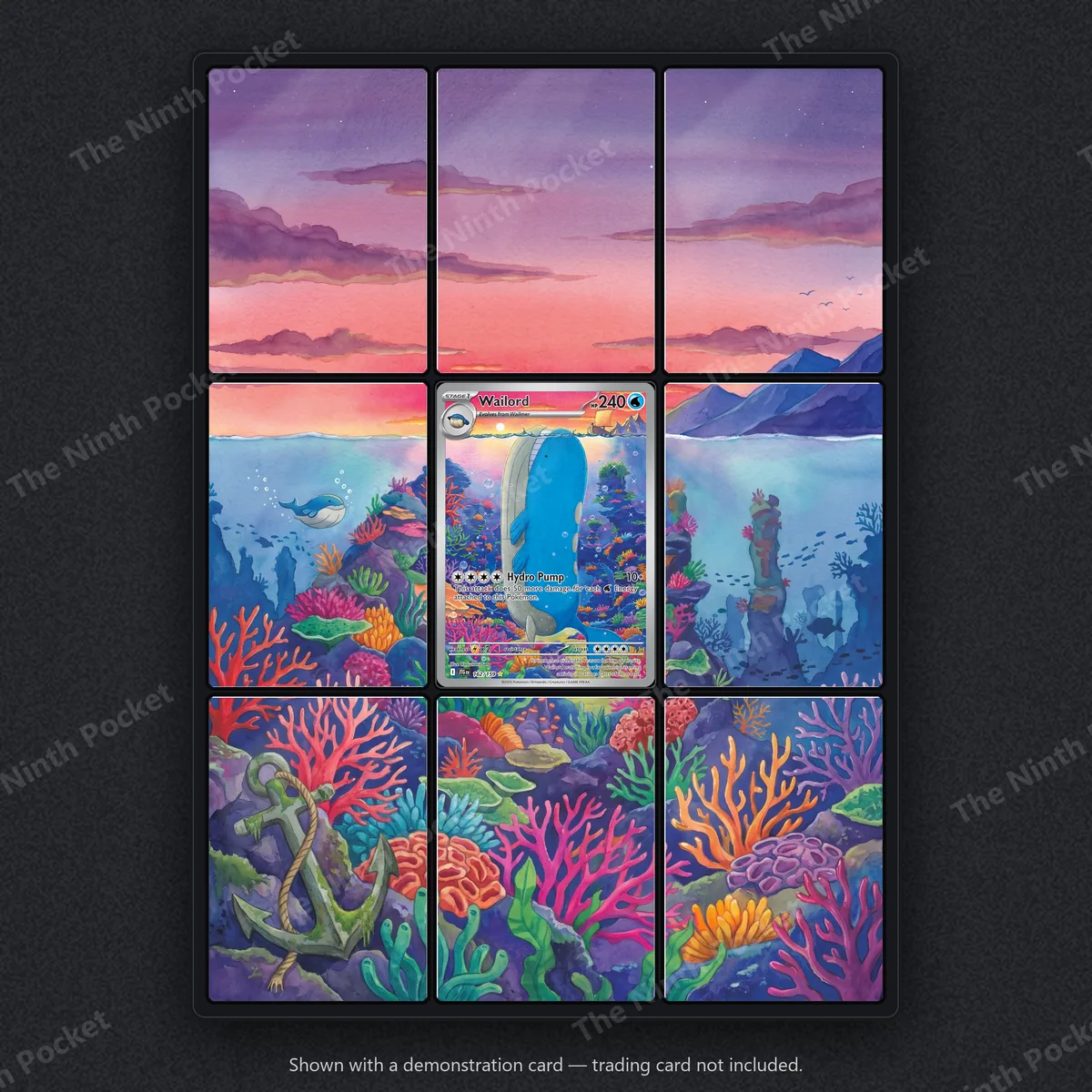 Wailord 162/159 Journey Together extended art binder page in a 9-pocket binder, shown with a demonstration card